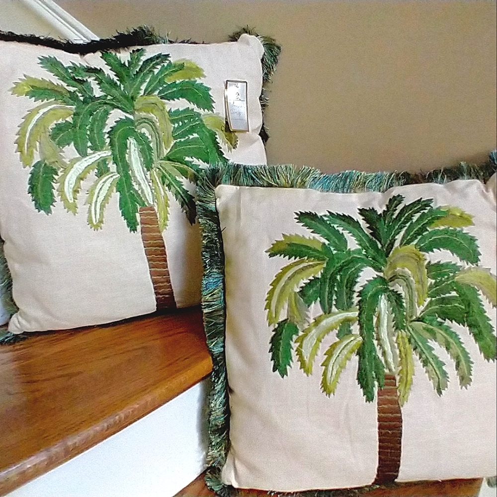 NWT Silk embroidered on linen/Cotton Fringe trim pillows